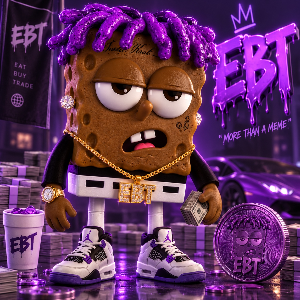 EBT SpongeBob in purple streetwear